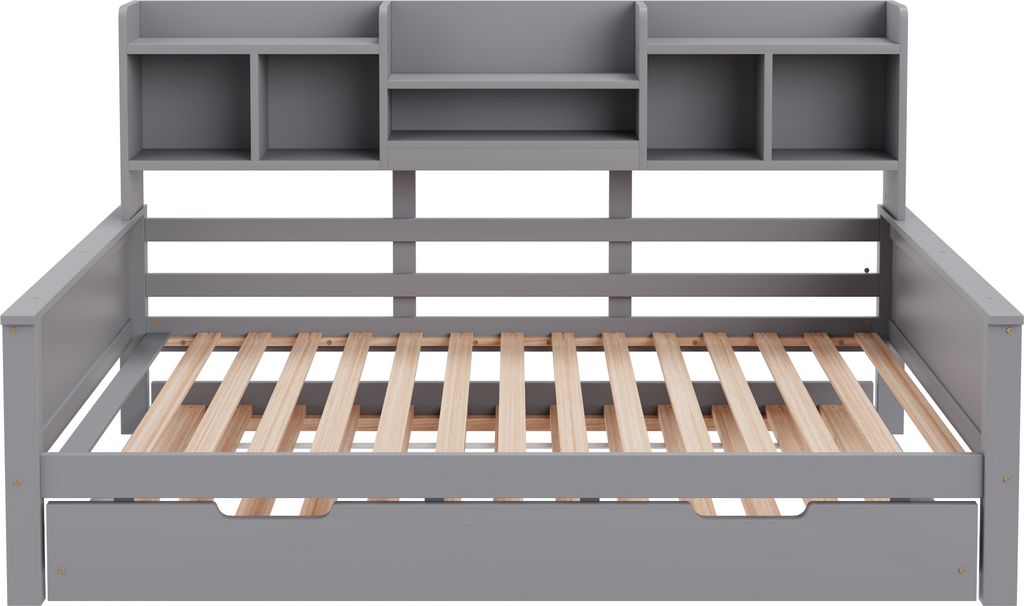 A gray wooden daybed with a built-in shelf unit at the headboard, shown from the front.