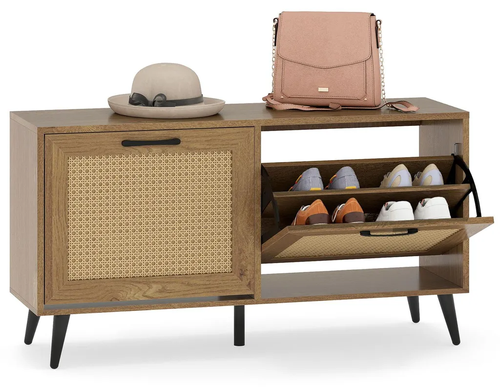 Banc à chaussures avec portes en rotin et rangement bois 100cm COSTWAY