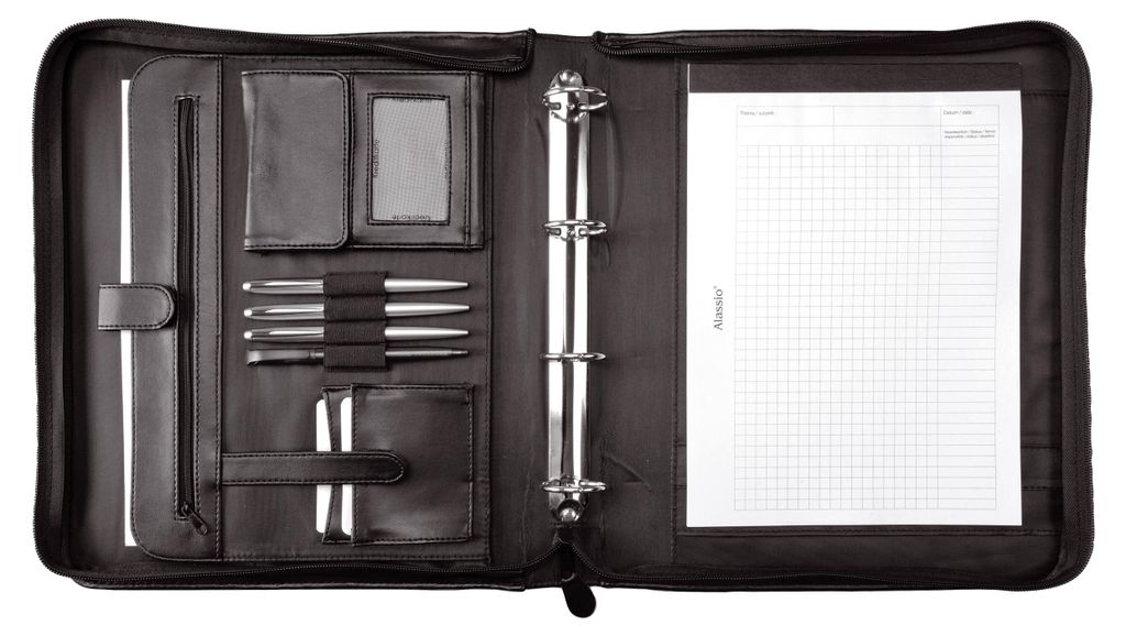 An open black leather ring binder folder with various compartments and items inside.