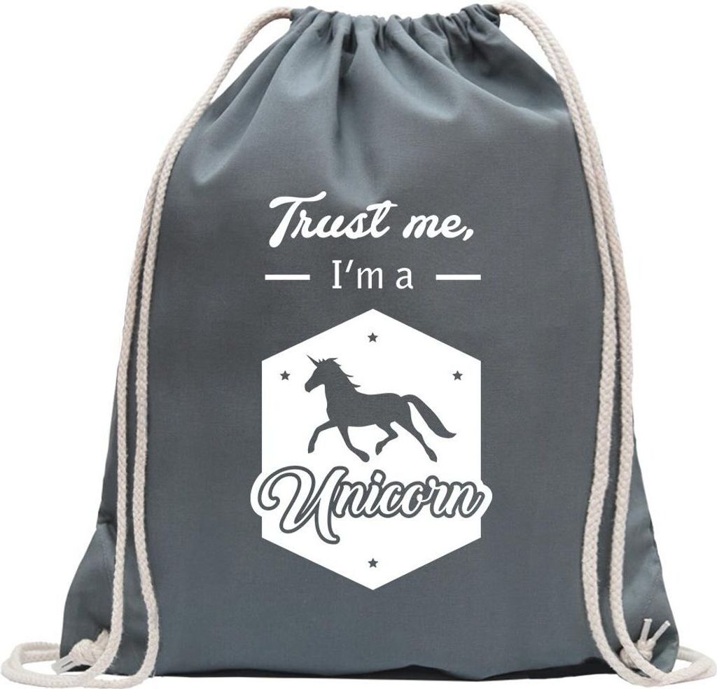 Kiwistar - Turnbeutel - stahlgrau - Trust me, im a Unicorn - Fun Rucksack Sport Beutel Gymsack Baumwolle mit Ziehgurt