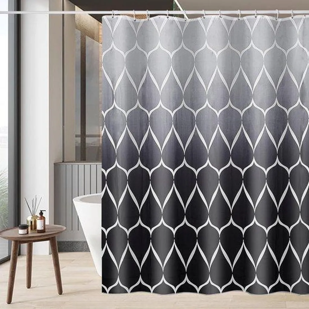 Rideau de douche anti-moisissure 180x200 cm tissu lesté gris et noir