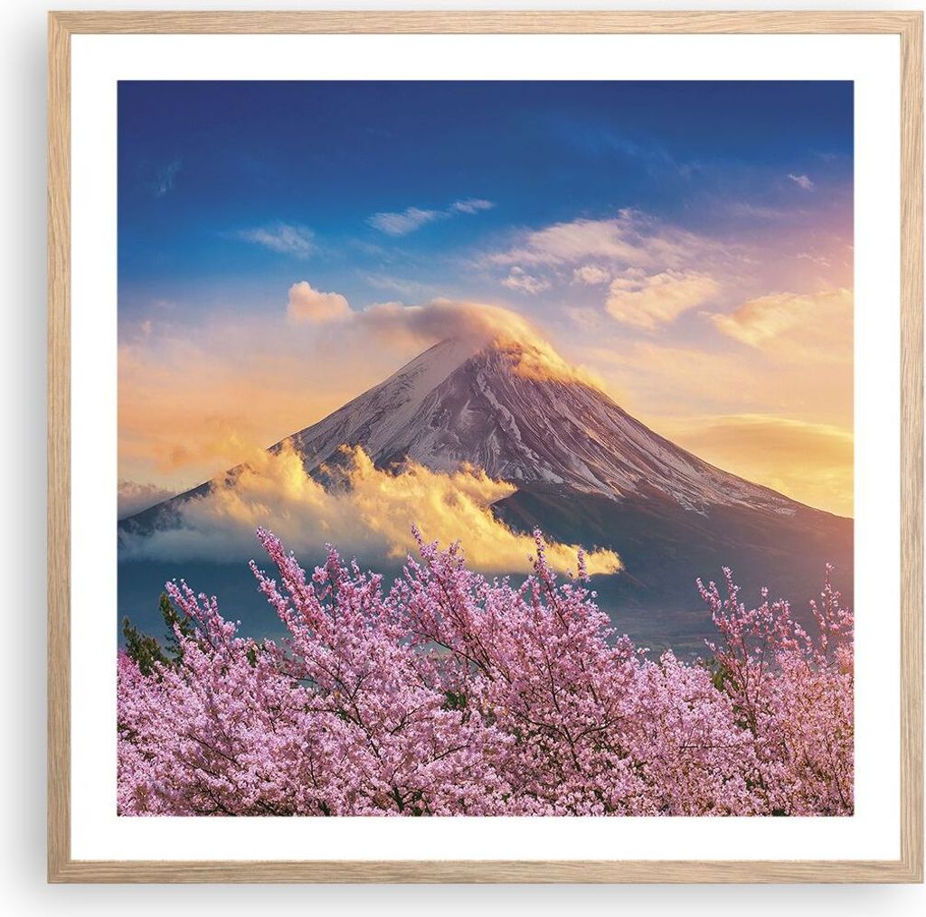 Gerahmtes Poster - Rahmen in heller Eiche - Fuji Blume Kirsche - 60x60 cm - Wand Bild - Wanddeko - Wandbilder - Kunstposter - Wandposter - Bilderra...