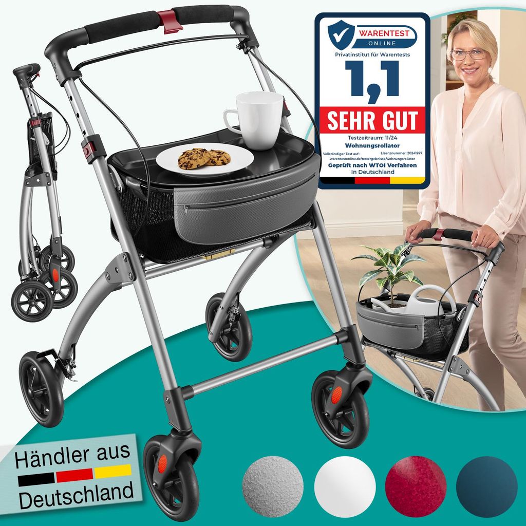 ELONEO Wohnungsrollator 54cm breit, faltbar und leicht, inkl. Tablett & Stoffkorb, Rollator schmal für die Wohnung, Indoor-Rollator, klappbar silber