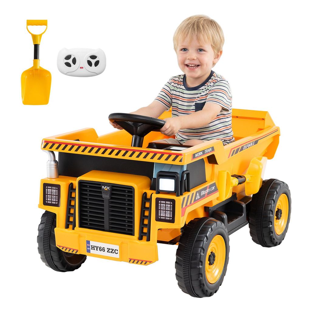 COSTWAY 24V Kinder Elektro-Kippwagen, 4-Rad Baumaschine mit Kippmulde, Schaufel, Fernbedienung, Musik, sanftem Anlauf, Kinderfahrzeug für Kinder 3-8