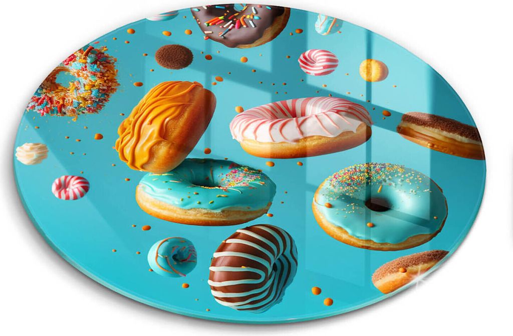 Glasschneideplatte - Herdabdeckplatte - fi40 cm -Schneidebrett - Spritzschutz - Bunte Donuts Donuts