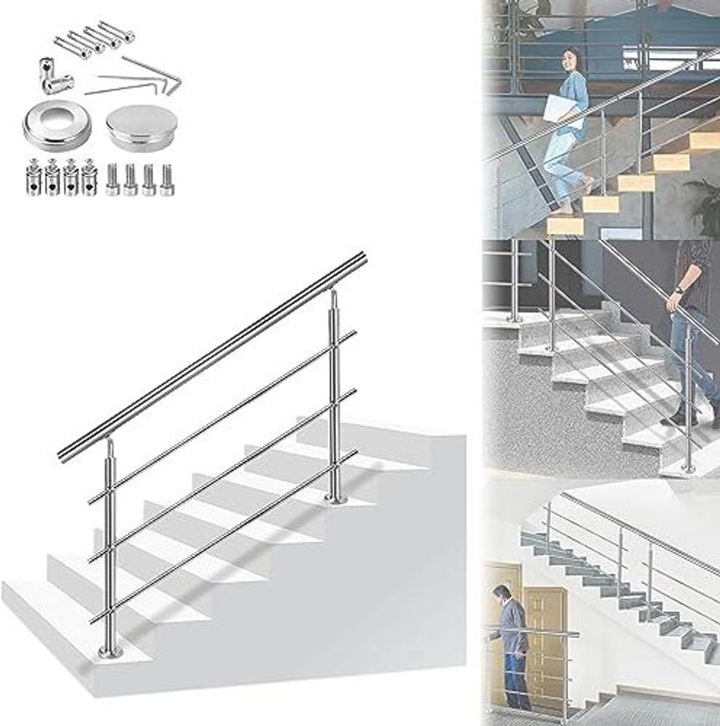 ACXIN Handlauf Geländer Treppengeländer Ø 42 mm Geländerstäben aus Edelstahl Terrassengeländer Bodenmontage Bausatz Treppen (200cm, 3 Querstr...