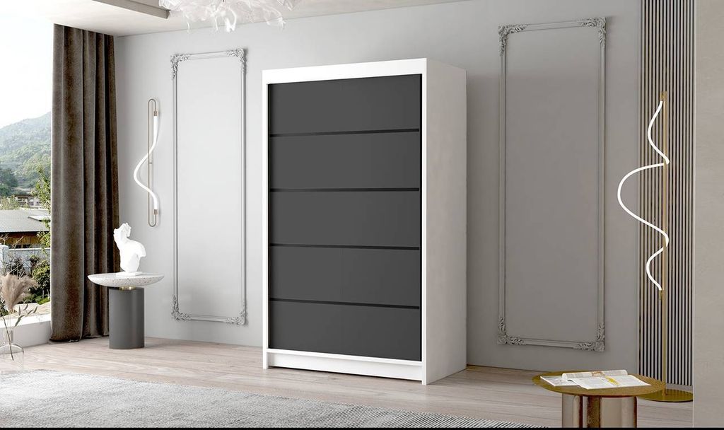 Schwebetürenschrank 2-türig Schrank 120 cm mit Regalen Moderne Kleiderschrank Garderobe für Kleidung Modell FALCO IV WEISS / SCHWARZ