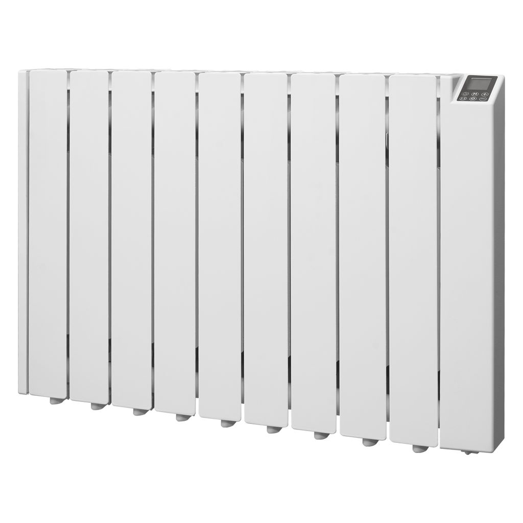 A white electric radiator with a digital display on the right side, shown against a white background.