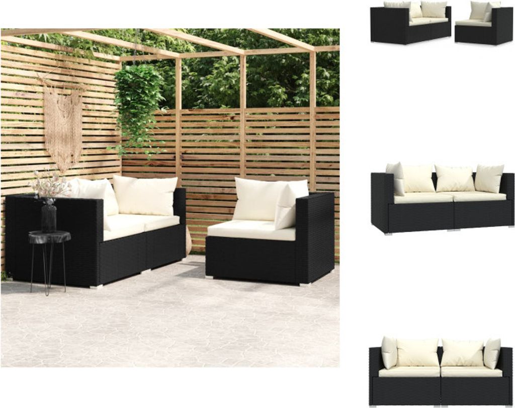 vidaXL 3-tlg. Garten-Lounge-Set mit Auflagen Schwarz Poly Rattan - Gartensofaelemente
