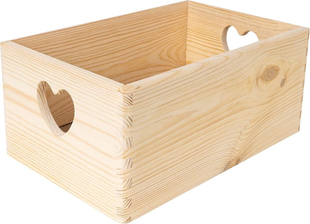 A wooden crate with heart-shaped handles on a white background.