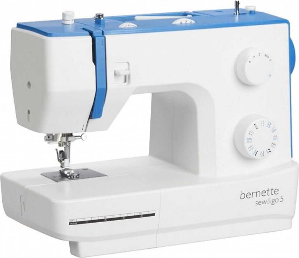 A white and blue sewing machine is shown from a front-diagonal angle against a white background.