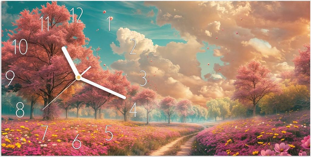 Wanduhr aus Glas mit Motiv Blühender Weg- 60 x 30 cm - inkl. Aufhängesystem