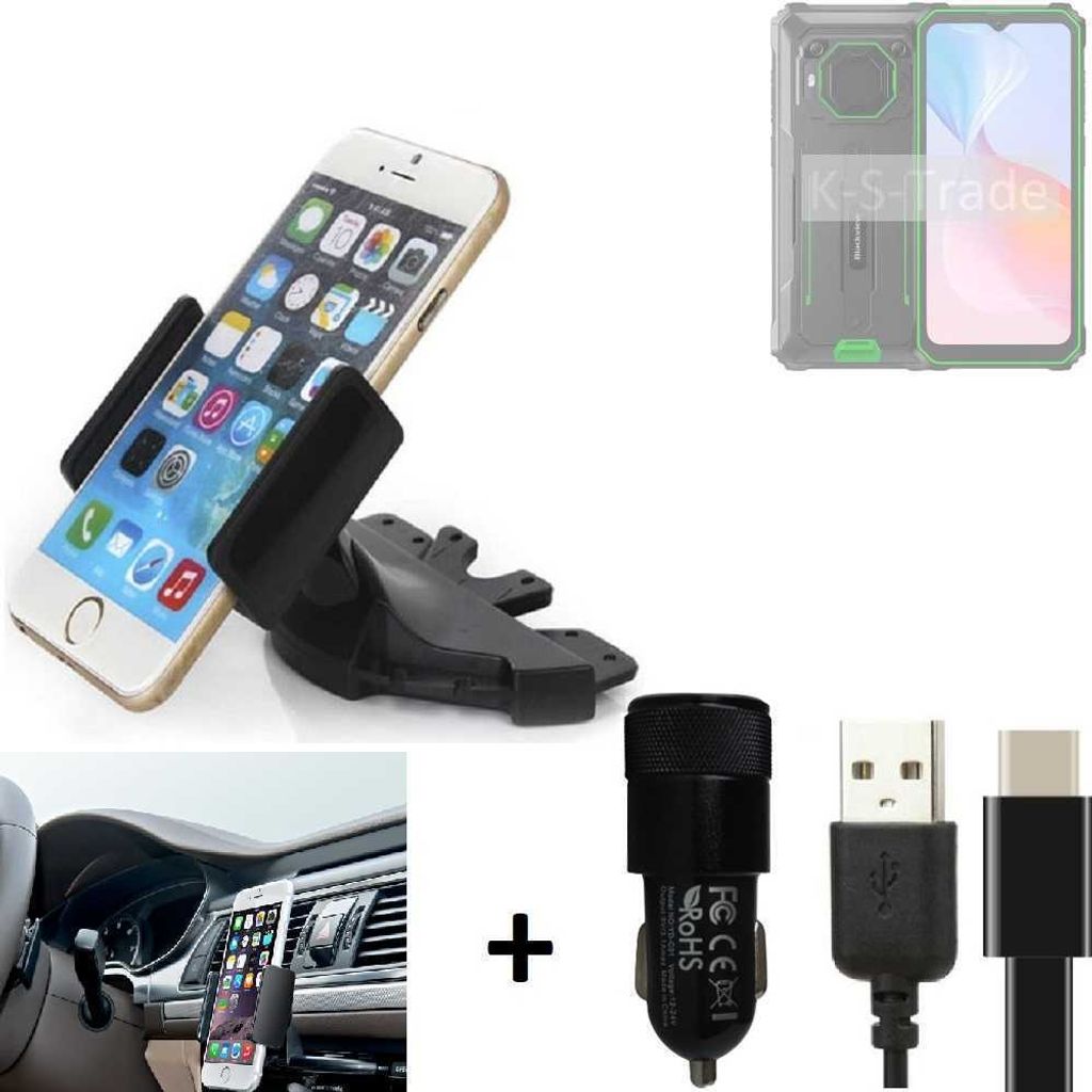 K-S-Trade CD Schlitz Handy-Halterung kompatibel mit Blackview BV6200 Pro Autohalterung KFZ-Halter Radio Handy Halterung 360° drehbar CD-Schacht inkl.