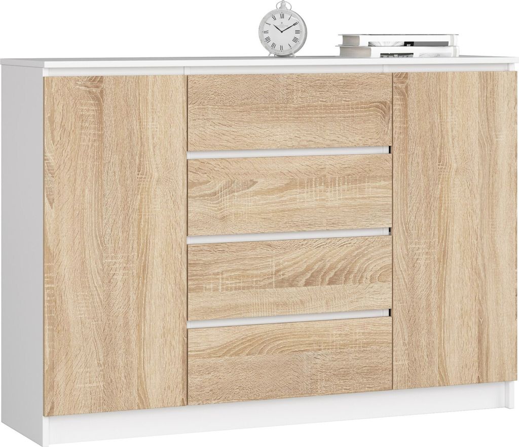 Akord Comò 2 Ante 4 Cassetti Bianco/Rovere Sonoma 138X40X99 Immagine del prodotto 
