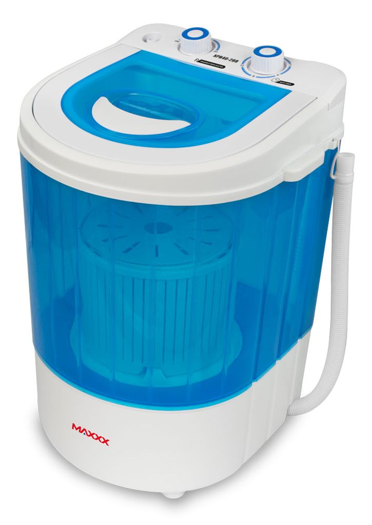 A studio shot of a compact, portable washing machine.