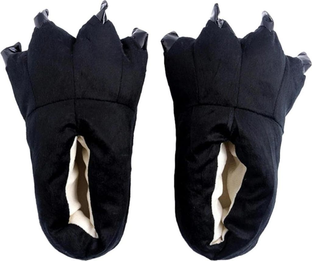 A pair of black slippers shaped like monster or dragon feet with claws, shown from a front-facing perspective against a white background.