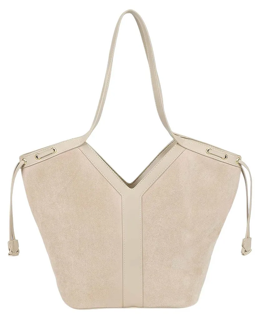 Sac cabas femme beige avec cordon de serrage latéral tendance chic