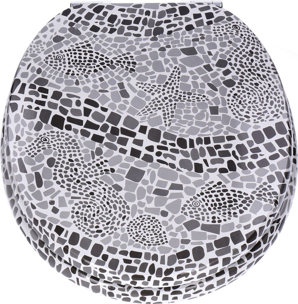 A toilet seat with a mosaic-like pattern of fish and starfish.
