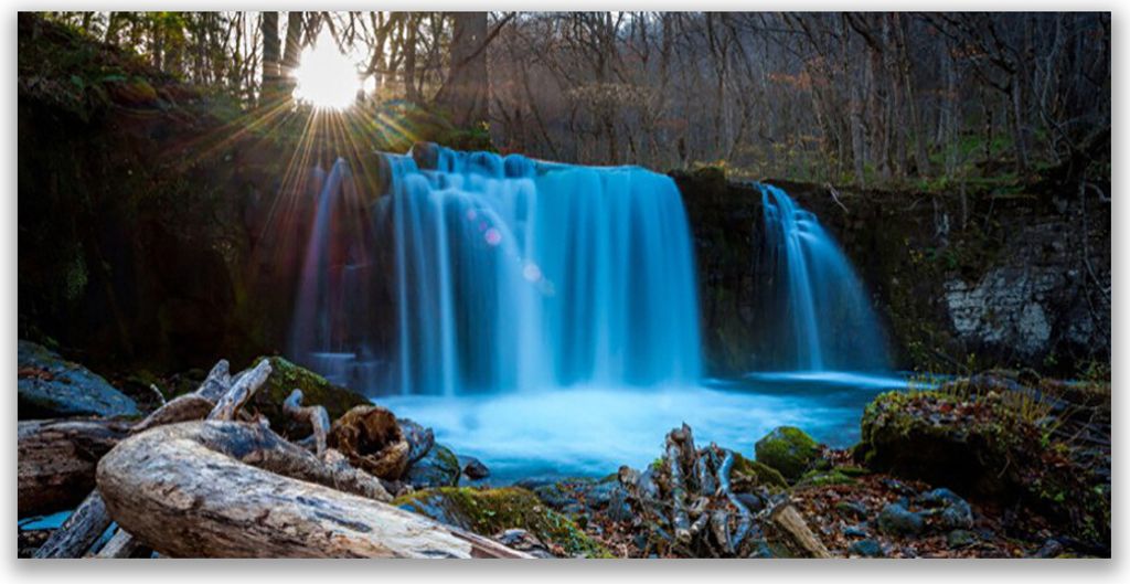 Glasbilder 140x70 Wandbild Druck auf Glas Sonne Wald Wasserfall Natur