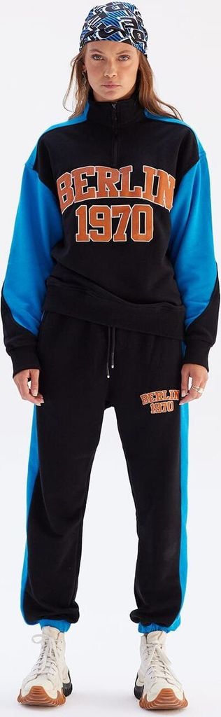 Set Jogger Jogginganzug Troyer Berlin Damen Jogginghose L Blau-Schwarz