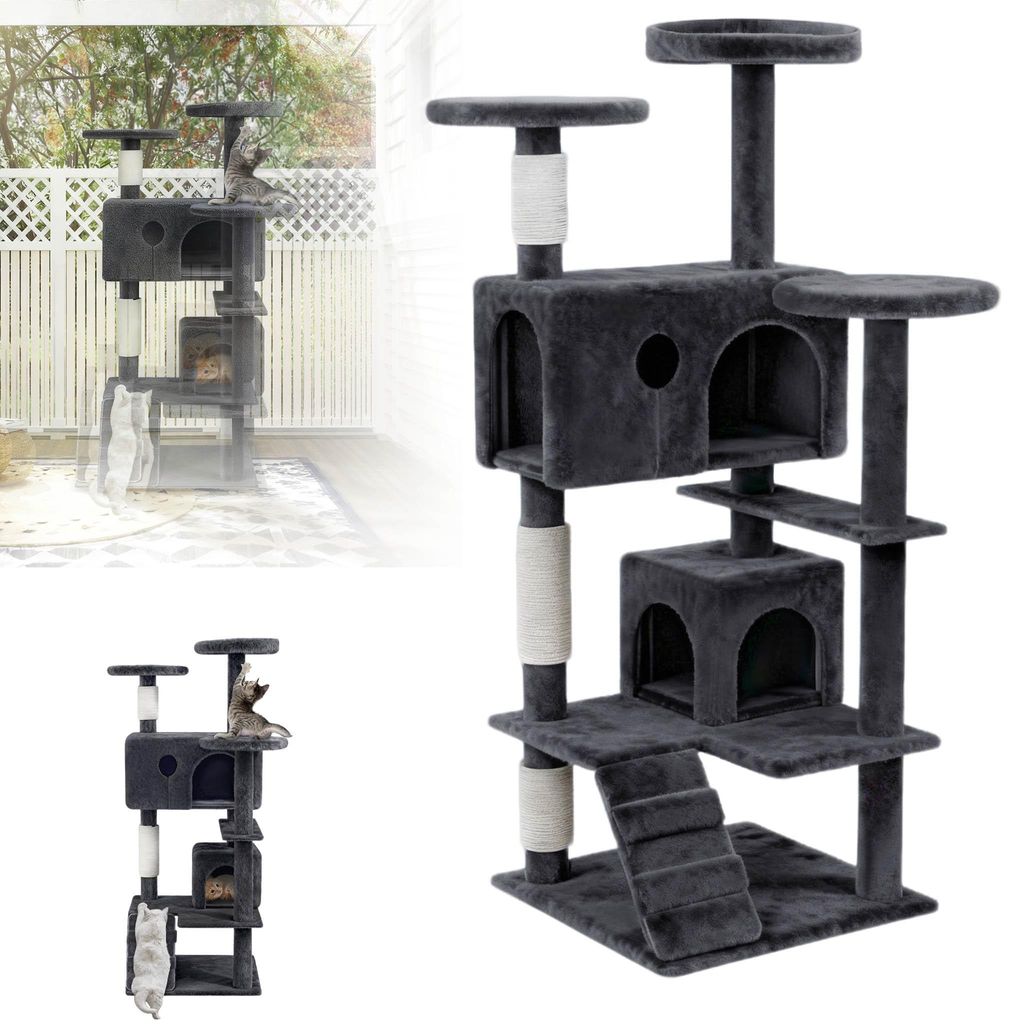 XMTECH Kratzbaum für Katzen, 130 cm Katzenbaum in Blaugrau mit Sisal-Kratzsäulen, Plüsch-Liegeflächen & Hängespielzeug, Stabiler Kletterbaum m...