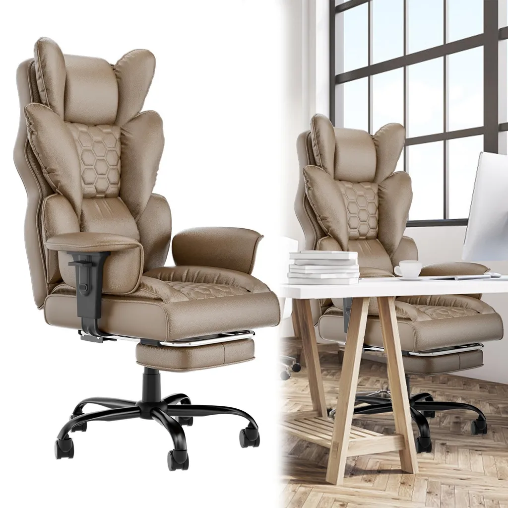 YUENFONG Chaise de Bureau Ergonomique en Cuir PU avec Repose-Pieds Brun