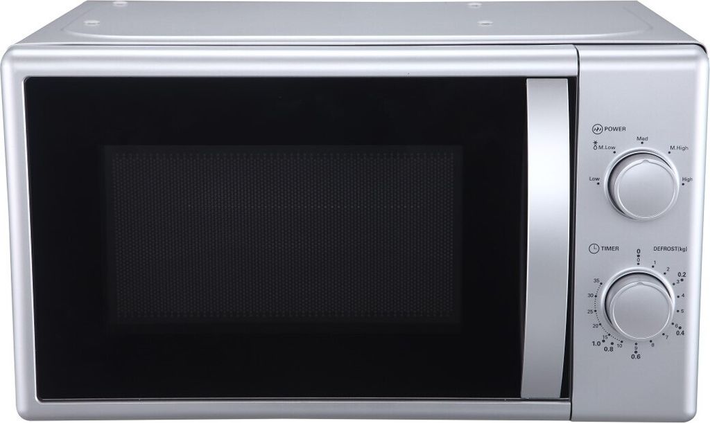 A silver microwave oven shown from the front.