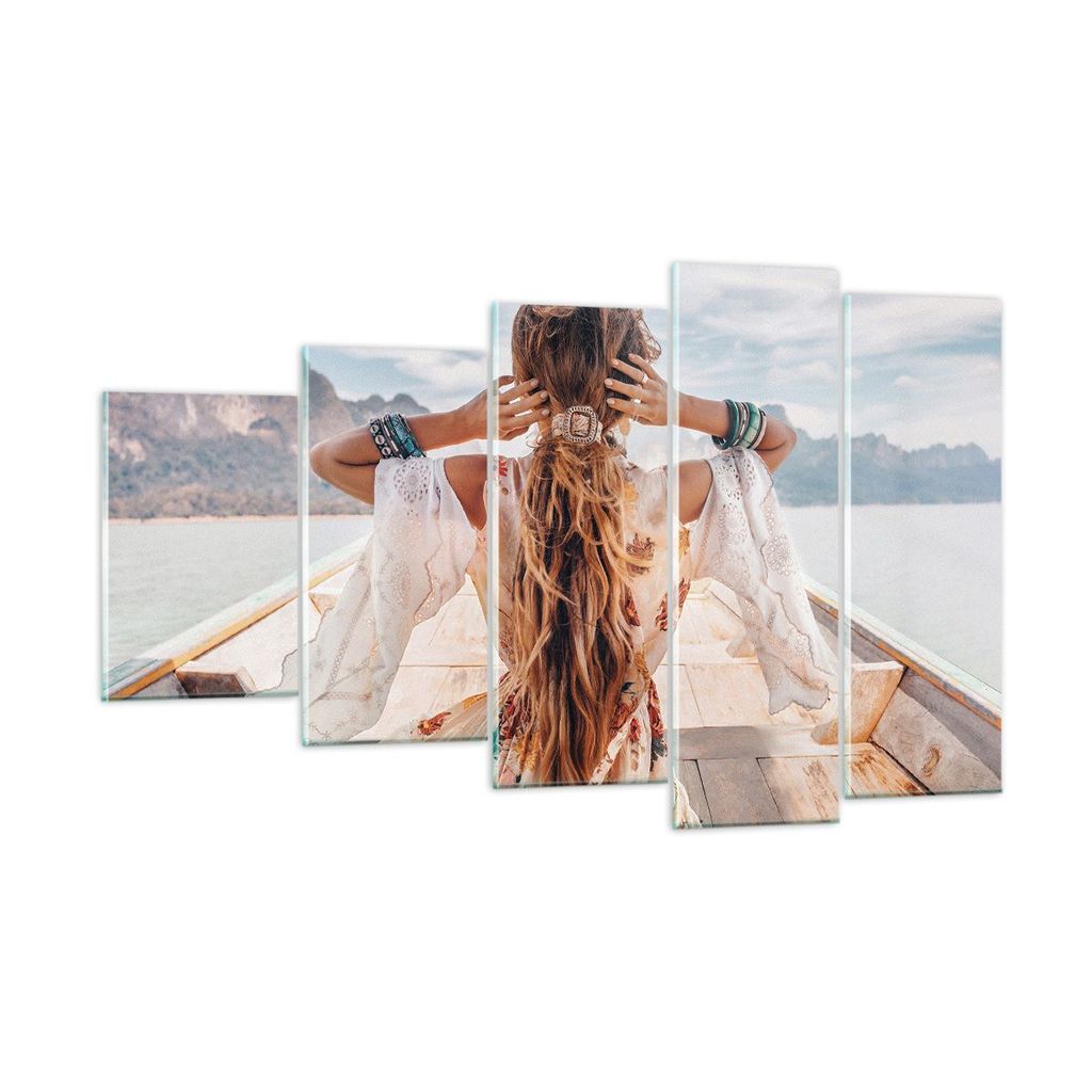 Bilder auf glas - 5 Teile - Frau Boot Rücken - 100x60cm - Glasbilder - Wandbilder - Bilder - zum Aufhängen bereit - Wanddekoration aus Glas - Gla...