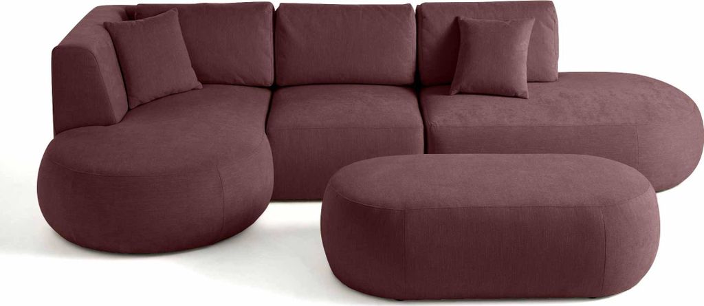 Lisa Design Santorini - 5-Sitzer Modulares Ecksofa links + Hocker - aus strukturiertem Samt , Pflaume
