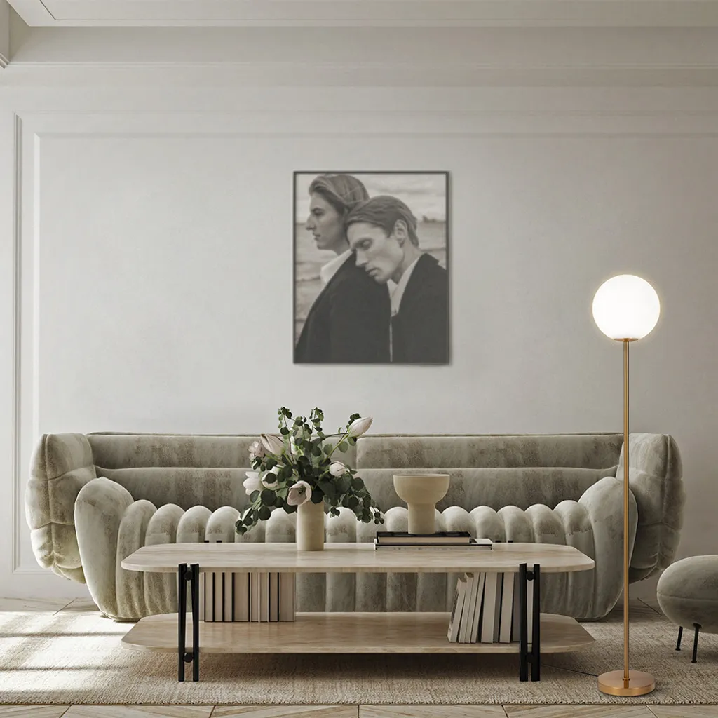 Lampadaire design Ring laiton et sphère blanche diffuseur Maytoni