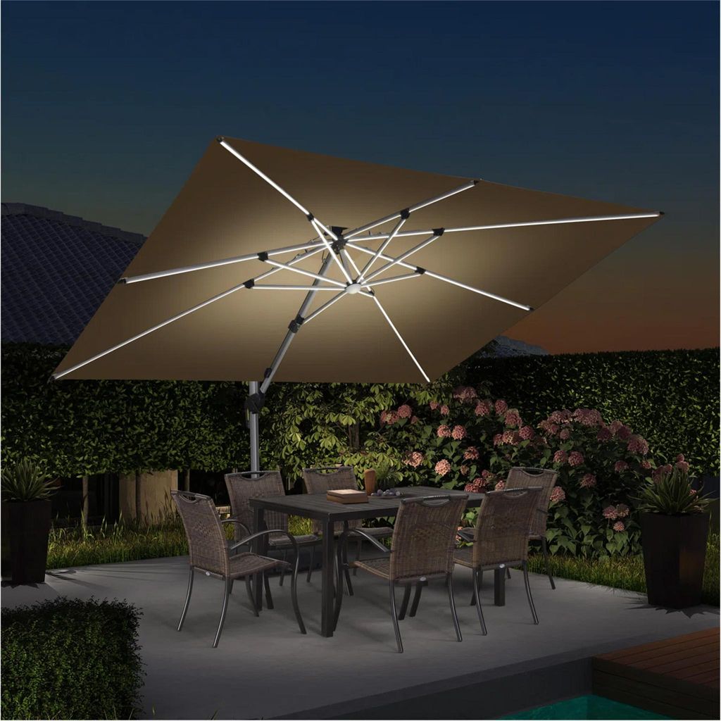 PURPLE LEAF Sonnenschirm mit LED Solar Beleuchtung Ampelschirm 270 x 365 cm Rechteckig Groß 360°Rota Außenbereich Alu, Balkonschirm XXL UV50+, B...