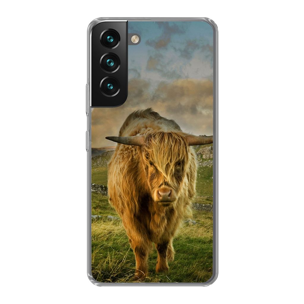 MuchoWow Handyhülle Schutzhülle Hülle für Samsung Galaxy S22 Plus Schottischer Highlander - Gras - Berg Silikon Softcase Handy Hülle - Schut...