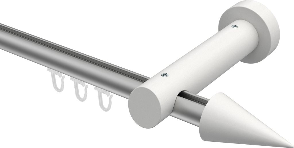 Interdeco Innenlaufstange / Gardinenstange mit Innenlauf Silbergrau / Weiß, Typ Talent Siveo (Kegel), 20 mm Ø 1-läufig, 180 cm