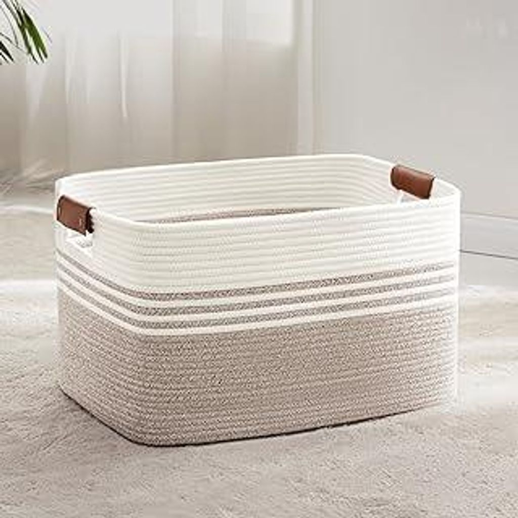 Wäschekorb Geflochten Groß aus Baumwollseil, 72L Aufbewahrungskorb mit Lederhenkeln, Korb für Decken, Kleidung, Spielzeug, Laundry Basket für K...