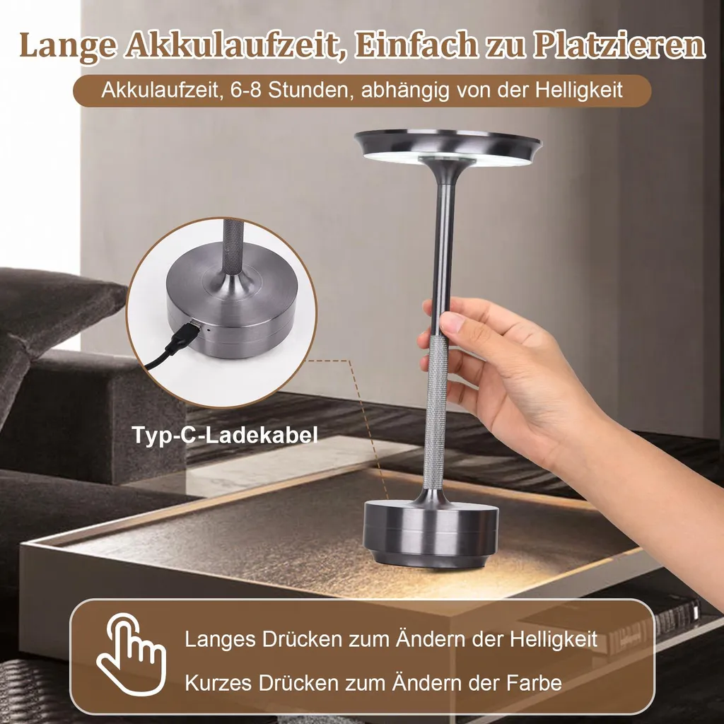 Zerodis USB Ricaricabile Lampada da Tavolo a LED,Girevole a 360 gradi Lampada da lettura portatile touch sensing Usato per Famiglia Ufficio Dormitorio Scrivania Testata(Silver