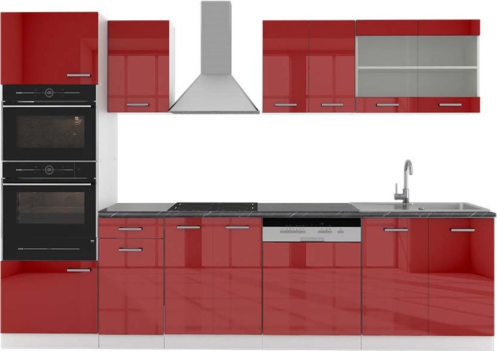 Küchenzeile Vicco R-Line Rot Hochglanz 300 cm mit Hochschrank, AP Anthrazit, Model 42350