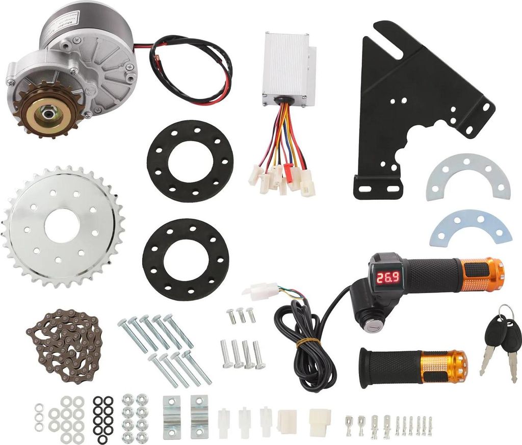E-Bike Umbausatz - 250W 24V Kit - 120 kg Traglast - gebürsteter Kupfermotor - IP54 Schutz - LED Display - Doppel-Schlüsselsicherung - schwarz