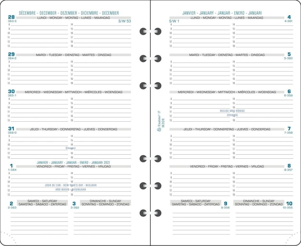 A two-page spread of a planner, showing a weekly layout with dates and days of the week in multiple languages.