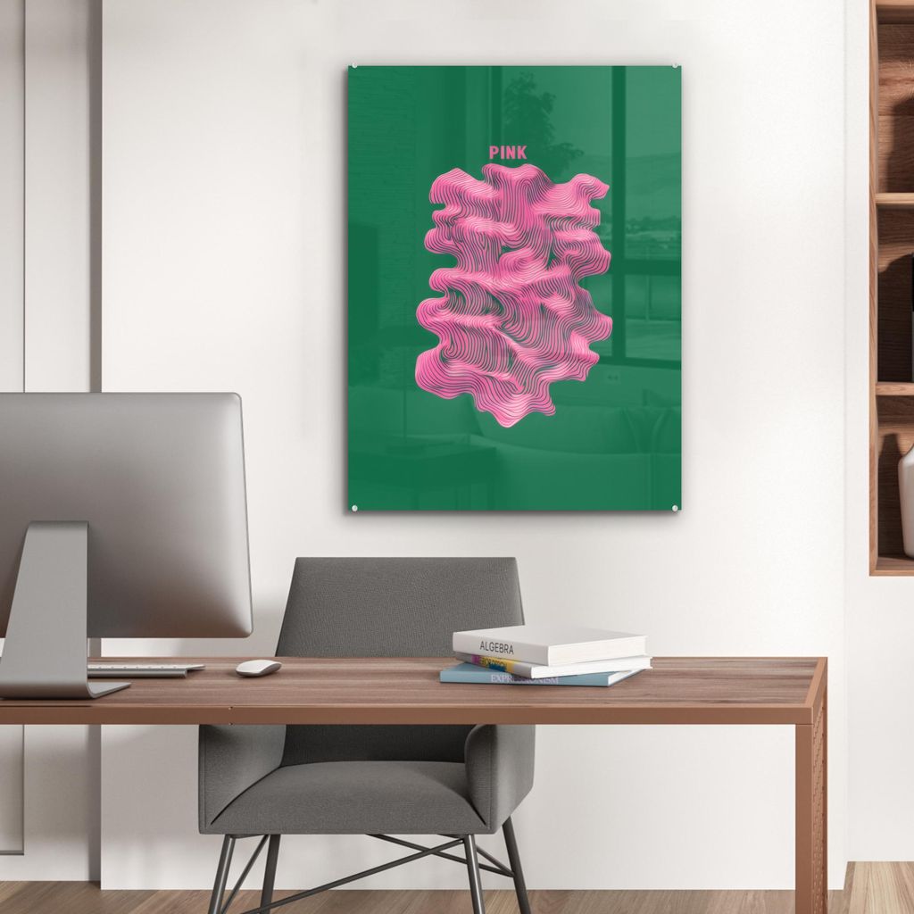 MuchoWow Glasbilder - Bilder auf Wandbild - Foto auf Glas Abstrakt - Rosa - Linien - Grün 60x80 cm Wanddekoration aus Glas - Acrylglasbild - Acryl...