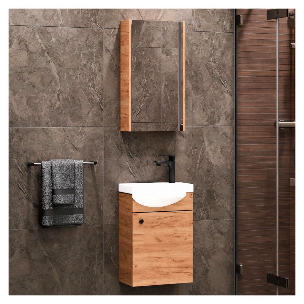 Badmöbel Set Waschtisch mit Unterschrank 40 x 60 x 29 cm und Spiegelschrank 40 cm für Badezimmer und Gäste-WC, Gold Eiche