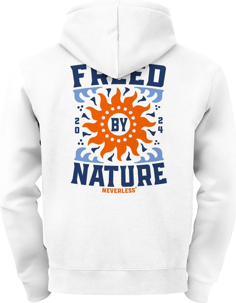 Herren Hoodie Backprint Freed by Nature | Kapuzensweatshirt mit Sonne Motiv Outdoor Design Streetwear Neverless