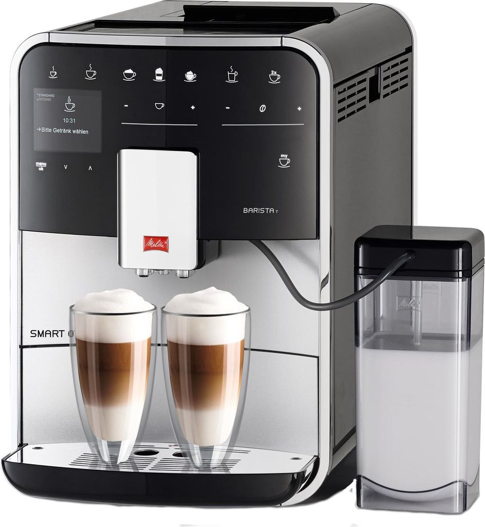 A Melitta CAFFEO Barista T Smart coffee machine with two glasses of latte macchiato and a milk container.