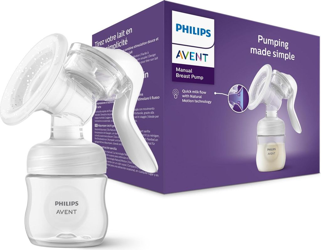 A Philips AVENT manual breast pump and its packaging are shown against a white background.