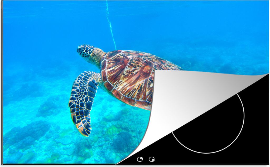 KitchenYeah Herdabdeckplatte Schildkröte - Meer - Blau , 77x51cm, Küche Deko, Glaskeramikkochfeld Herdabdeckung, Abdeckplatte fùr Kochfeld