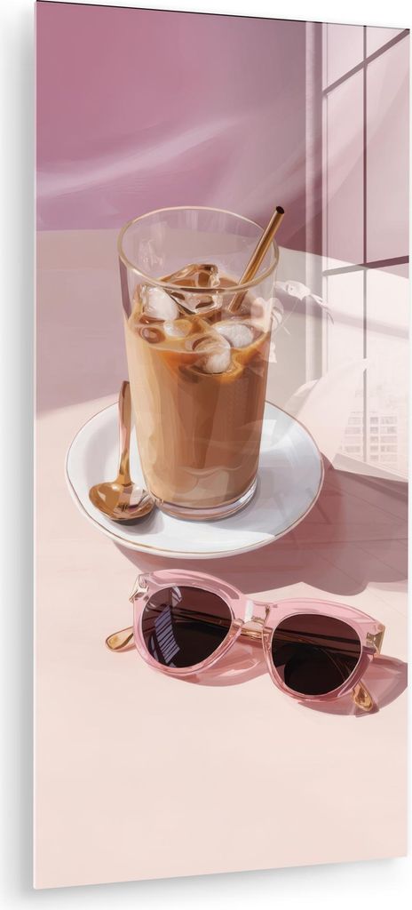 MuchoWow Glasbilder - Bilder auf Wandbild - Foto auf Glas Eiskaffee - Sonnenbrille - Gold 60x120 cm Wanddekoration aus Glas - Acrylglasbild - Acryl...