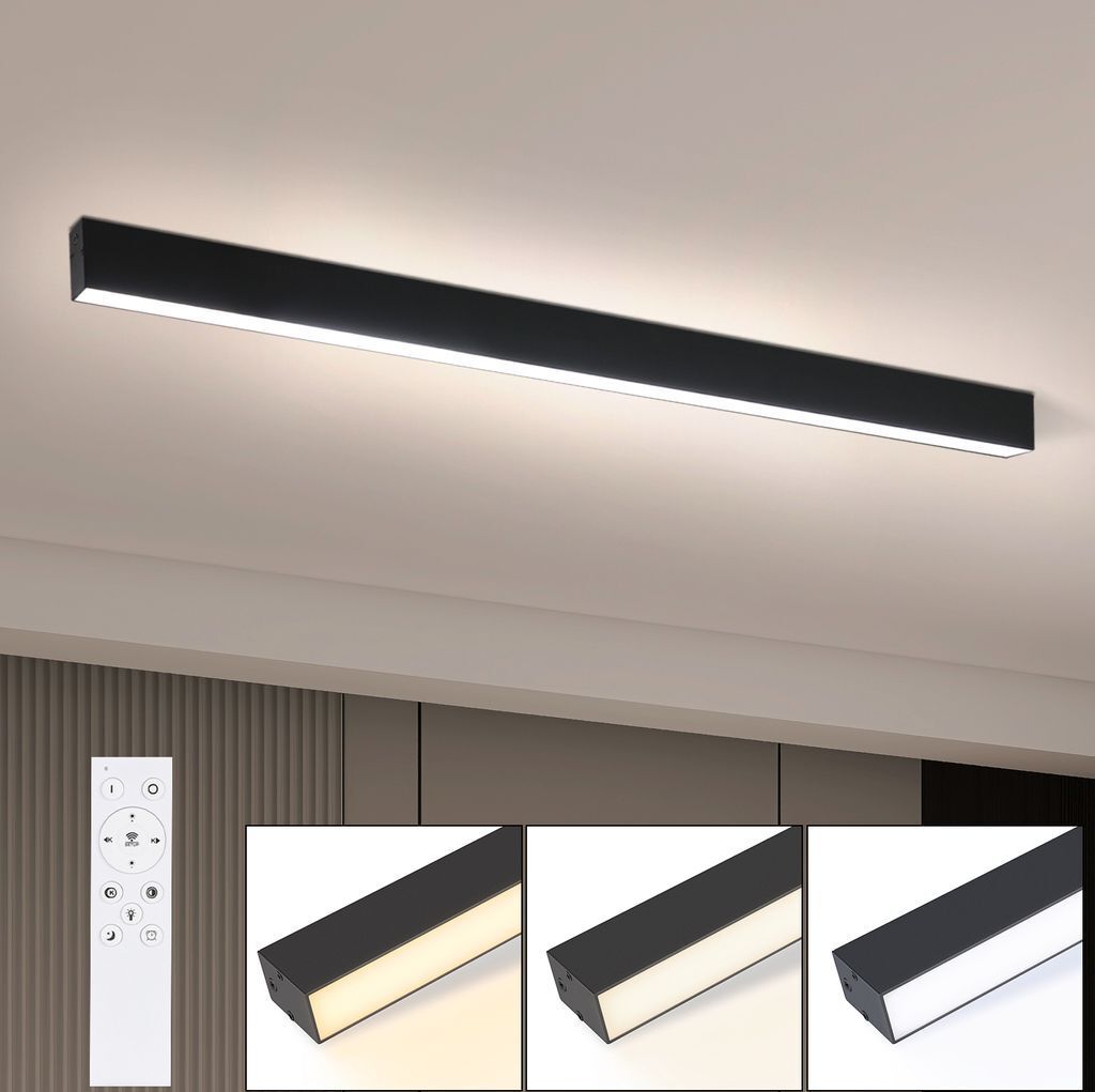 A modern black LED ceiling light fixture is shown mounted on a ceiling, with smaller inset images demonstrating different light color temperatures and a remote control.