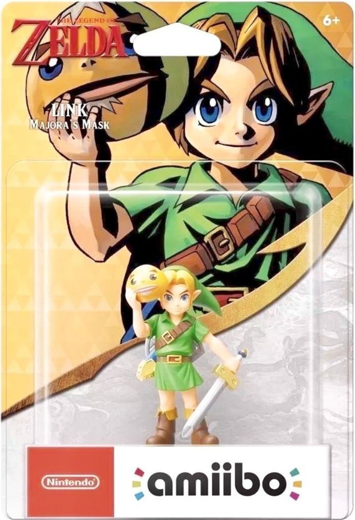A product shot of an amiibo figure of Link from Majora's Mask, displayed in its retail packaging.