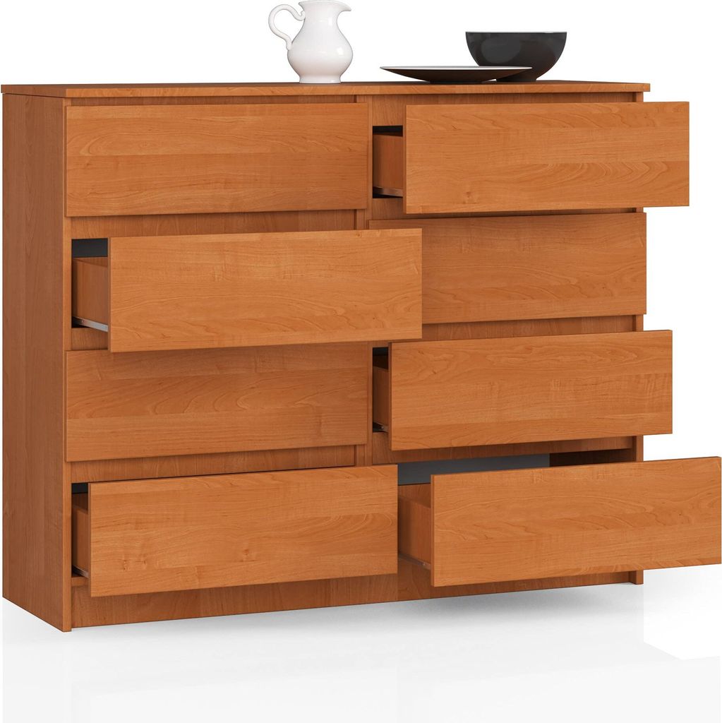 A wooden chest of drawers with eight drawers, some of which are open, against a white background.