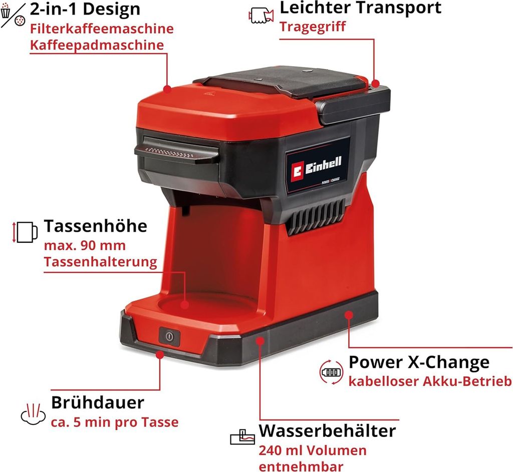Einhell 18V Akku-Kaffeemaschine TE-CF 18 Li-mit Akku 4.0, Produktbild 
