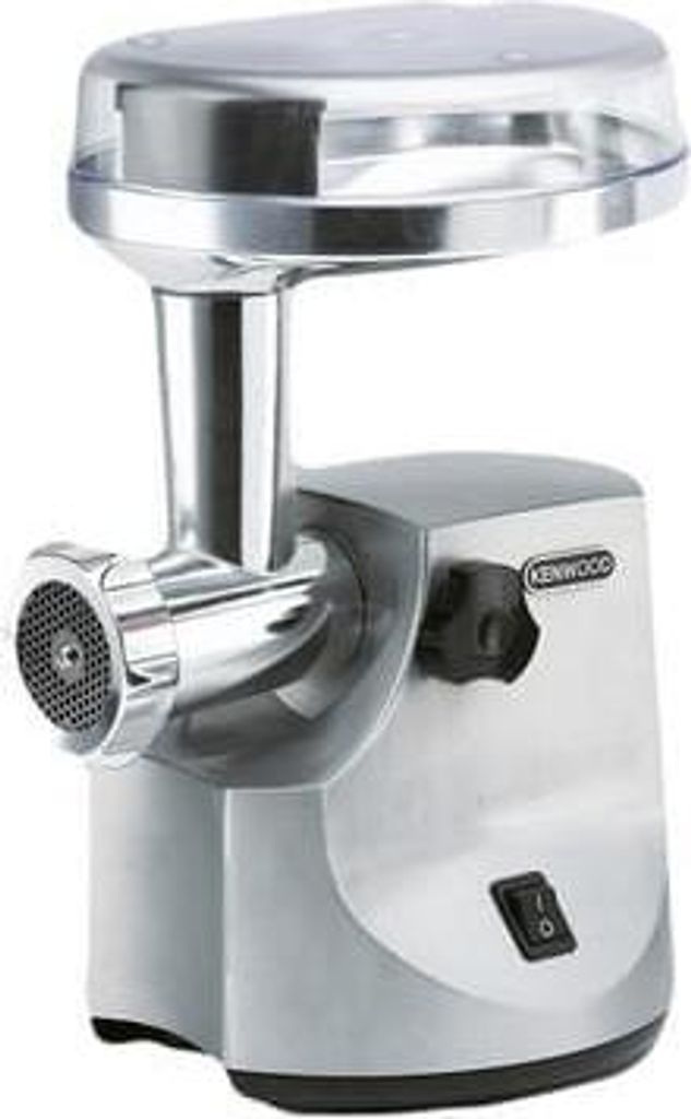 A silver Kenwood meat grinder shown from a front-side angle on a white background.